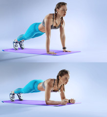 Sport. Young athletic woman doing plank. Muscular and strong girl exercising. Crossfit and fitness exercising.