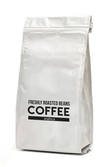 White blank glossy foil coffee bag packaging isolated on white  background including clipping path