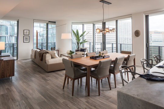 Warm modern miami apartment interior looking into dining room and living area. 