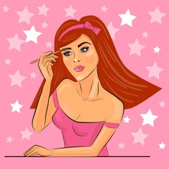 The girl with long hair makes makeup. Woman holds hand with mascara near the eyes. Illustration with a girl in the style of pop art.