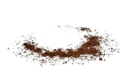 Spilled grinded coffee powder with coffee cup space isolated on white background