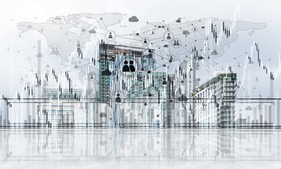 Concept of global communication and networking with world map over cityscape