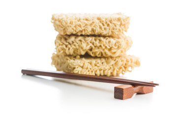 Wooden chopsticks and instant noodles.