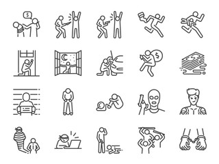 Criminal line icon set. Included the icons as outlaw, crime, homicide, arrest, prisoner and more.