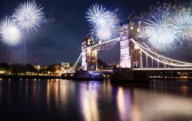 Fototapeta na wymiar tower bridge with fireworks celebration of the New Year in London UK