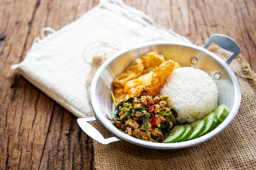 Original fried basil with pork served with jasmine rice and fried egg.