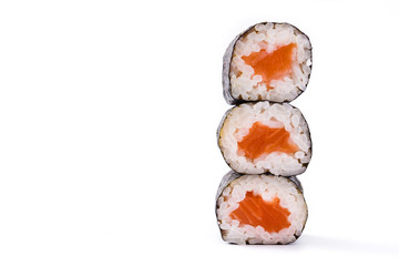 sushi rolls on white background. Copyspace