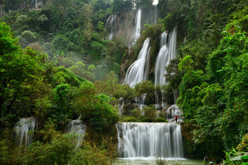 Naklejka premium Great waterfall in Thailand. Beautiful waterfall in the green forest. Waterfall in tropical forest at Umpang National park, Tak, Thailand.
