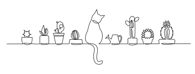 Continuous one Line Drawing of Vector Cute Cactus. Black and White Sketch House Plants with a cat and a watering can on the window sill. - obrazy, fototapety, plakaty