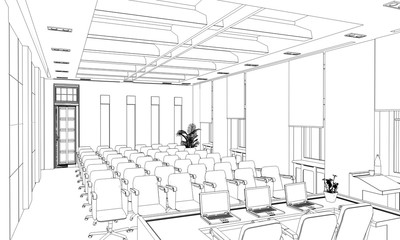 conference room, meeting room, contour visualization, 3D illustration, sketch, outline