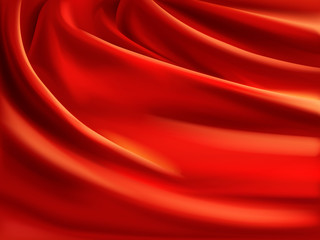 Wavy red satin, soft silk fabric with folds 3d realistic vector illustration. Luxury atlas or satin material texture. Crumpled with creases textile curtain or drapery. Fashion abstract background