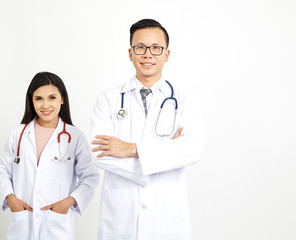 Medical workers on wall background