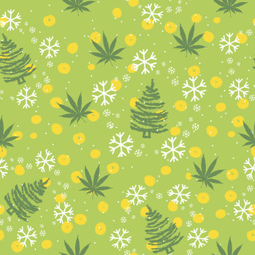 Seamless pattern with Christmas trees, snowflakes and cannabis leaves