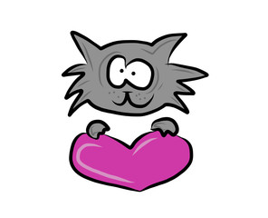 Obraz premium Gray cat with pink heart shape - digital painting isolated on white background