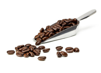 coffee beans in scoop isolated on white background