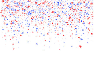 Flying red blue white star sparkles on white vector american patriotic background.