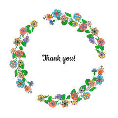 floral wreath isolated on white background, thank you text