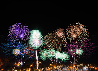 colorful fireworks abstract background in the dark sky with copy space for festival celebration holiday countdown to Happy New Year party.
