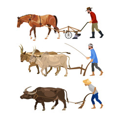 Farmers plows the land with animals - obrazy, fototapety, plakaty