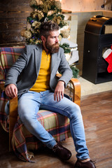 Home is best place. Man bearded hipster relax sit armchair near christmas tree. Feel like home. Man mature confident guy with beard relax at home. Warm and cozy christmas atmosphere at home