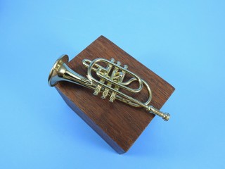 Fototapeta na wymiar A miniature trumpet on a wooden block seen from above. Blue background.