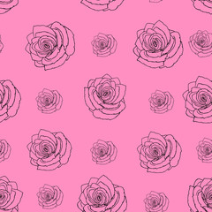 Seamless pattern with red roses on a pink background.