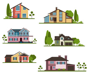 Set private houses in flat design style. Colorful residential  houses and trees. 