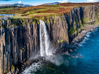 Aerial view of the dramatic coastline at the cliffs by Staffin with the famous Kilt Rock waterfall - Isle of Skye - Scotland