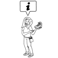 Hand-drawn shoes saleswoman who passionately advises on mountain boots and informs. advice, vector, outline, comic, isolated.