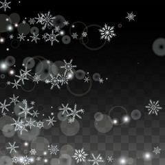 Christmas  Vector Background with White Falling Snowflakes Isolated on Transparent Background. Realistic Snow Sparkle Pattern. Snowfall Overlay Print. Winter Sky. Design for Party Invitation.