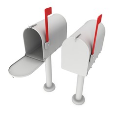 Mailbox with open door and raised flag. 3d render illustration isolated on white background.