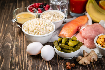 Selection of food that helps with hangover, copy space