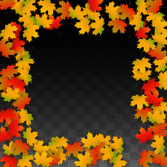 Naklejka na ściany i meble September Vector Background with Golden Falling Leaves. Autumn Illustration with Maple Red, Orange, Yellow Foliage. Isolated Leaf on Transparent Background. Bright Swirl. Suitable for Posters.