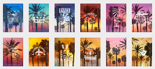 A set of 12 options for posters with palm trees. For all occasions to relax. For advertising, sales, discounts, super offers. 10 eps