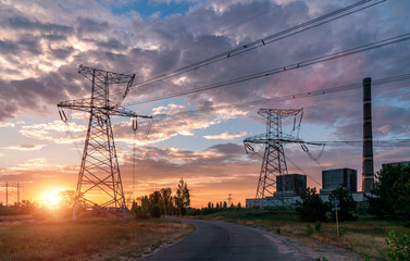 High-voltage power lines. Electricity distribution station. high voltage electric transmission...