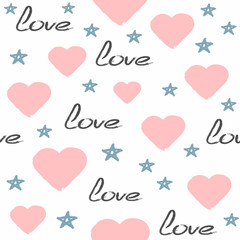 Cute seamless pattern drawn by hand with rough brush. Sketch, watercolor, paint. White, blue, black, pink.