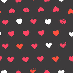 Hearts symbols on black background. Vector seamless pattern