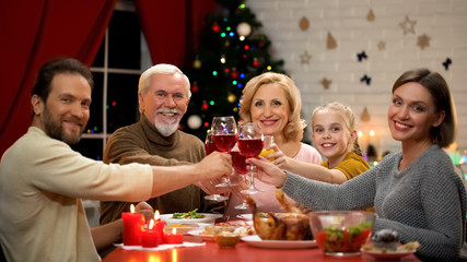 Big friendly family clinking glasses with wine on Xmas eve, looking into camera