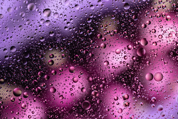 water drops on glass with purple and pink background, close-up 