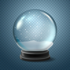 Christmas snow globe isolated on transparent background. Vector 3d illustration.  Winter Xmas toy. Crystal ball with falling snow.