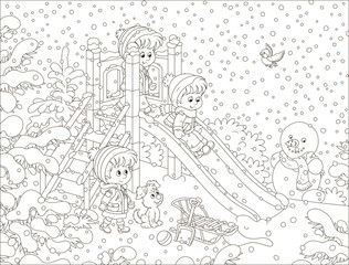 Children playing on a slide at a snow-covered playground in a winter park on a snowy day, black and white vector illustration in a cartoon style for a coloring book