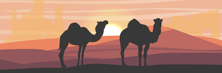 Silhouette. Caravan One-humped camel in the desert with sand dunes. Wildlife of Africa. Sahara Desert. Realistic Vector Landscape