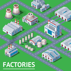 Factory vector industrial building and industry manufacture with engineering power illustration isometric infographics map of manufacturing construction producing energy or electricity on background
