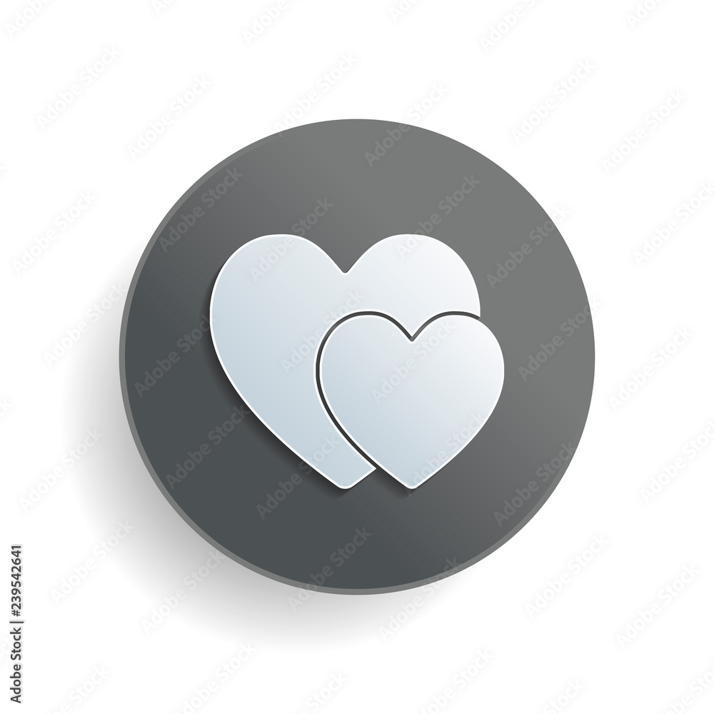 Poster 2 hearts. simple icon. white paper symbol on gray round button with shadow