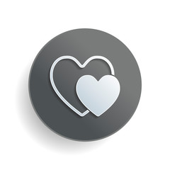 2 hearts. Simple icon. White paper symbol on gray round button with shadow