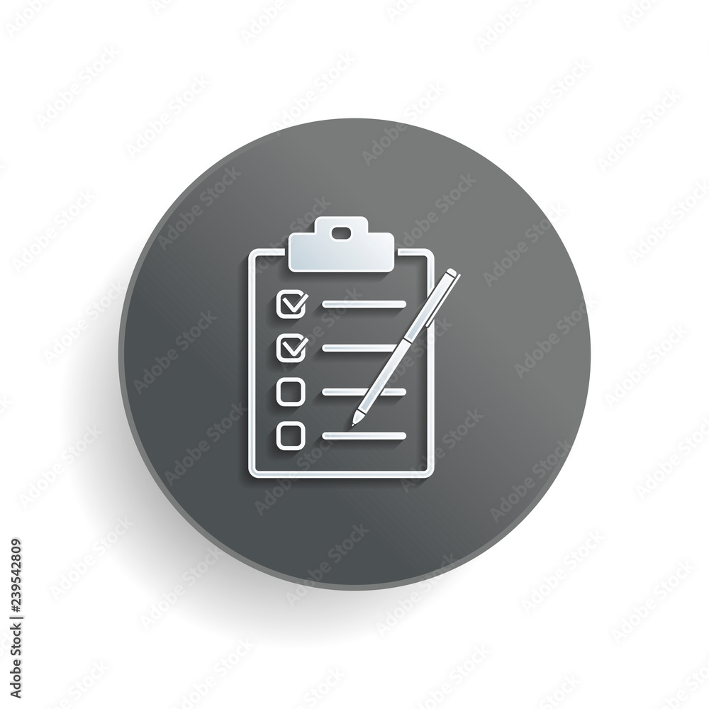 Aufkleber checklist with pen icon. white paper symbol on gray round button with shadow