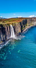 Aerial view of the dramatic coastline at the cliffs by Staffin with the famous Kilt Rock waterfall - Isle of Skye - Scotland