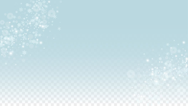 Christmas  Vector Background with White Falling Snowflakes Isolated on Transparent Background. Realistic Snow Sparkle Pattern. Snowfall Overlay Print. Winter Sky. Design for Party Invitation.