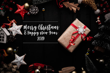 festive ideas concept Top View Christmas Gifts on dark wooden texture Background
