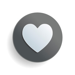 Simple heart icon. White paper symbol on gray round button with shadow